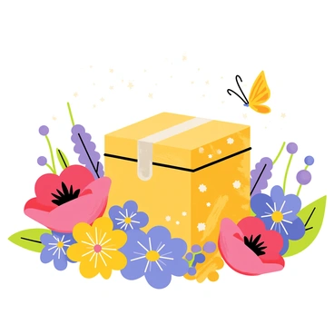 A tiny ornate box, intricately designed with swirls and patterns, is nestled among vibrant flowers of various colors. The flowers include bright red poppies, deep bluebells, and sunny yellow daisies, creating a lush, enchanting atmosphere. A gentle shimmer of sparkling fairy dust surrounds the box, catching the light and adding to the magical ambiance. The background features soft green foliage, and delicate butterflies flutter through the scene, enhancing the sense of wonder in the fairy grove.