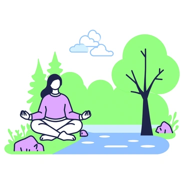 A person is sitting cross-legged by the riverbank, with their eyes closed in meditation. They are wearing comfortable clothing and have long hair that flows down their back. The river is gently flowing beside them, reflecting the surrounding greenery. There are several rocks scattered along the riverbank, and small plants are growing nearby. In the background, tall trees with broad leaves create a natural canopy, while the sky above is clear and bright. The scene conveys a sense of peaceful solitude, emphasizing the connection between the individual and nature.
