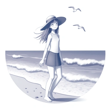 A girl standing by the ocean, with waves gently lapping at her feet. She has long flowing hair that moves with the breeze. The girl is wearing a large, colorful beach hat that provides shade from the sun. Her arms are relaxed at her sides as she closes her eyes, enjoying the fresh ocean air. The background features a clear sky, and seagulls can be seen flying above. The sand beneath her feet has a smooth texture, scattered with small pebbles.