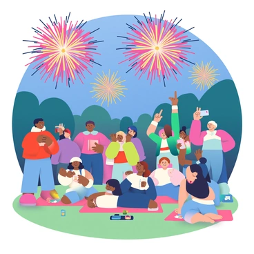 A group of people is gathered in a park, joyfully celebrating under a night sky illuminated by vibrant fireworks. The fireworks are bursting overhead, creating fiery fireballs in shades of red, blue, and gold. The crowd is diverse, including individuals of various ages and ethnicities, some with their hands raised in excitement while others are capturing the moment with their phones. Children are pointing upwards, their faces filled with delight, and there are picnic blankets laid out on the grass with snacks scattered around. The atmosphere is filled with joy and festivity as everyone enjoys the stunning display.