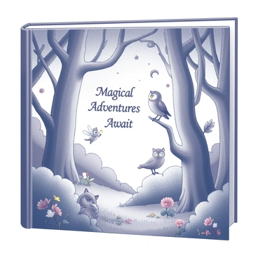 A book cover illustration depicts a dense forest filled with various trees and foliage. The trees have twisted trunks and sprawling branches, creating a whimsical atmosphere. Enchanting creatures inhabit the scene, including a small fairy with delicate wings hovering near a colorful flower, and a wise-looking owl perched on a low branch. A small, mischievous fox can be seen peeking from behind a bush. The ground is covered with soft grass and scattered flowers, adding to the magical feel of the forest. In the sky, a crescent moon can be observed among the stars. The title of the book, “Magical Adventures Await,” is prominently displayed at the top in an elegant font.