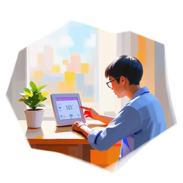 An indoor air quality monitor is positioned on a wooden table, displaying various readings on its digital screen. A person with short black hair and glasses, wearing a blue shirt, is closely inspecting the monitor, reflecting a look of concentration and concern. In the background, a window reveals a glimpse of a clean, sunny day outside, emphasizing the contrast between indoor air quality and outdoor conditions. A small potted plant sits nearby, suggesting a connection to a healthy environment. The scene conveys the significance of monitoring air quality to prevent respiratory issues like pneumonia.