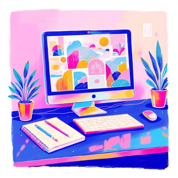 A computer screen displays a collection of trending stock illustration designs. The screen is filled with various colorful illustrations, including abstract shapes, vibrant landscapes, and modern character designs. Each design is framed with a subtle drop shadow. The surrounding workspace features a sleek desk with a notebook open, a pen lying next to it, and a small potted succulent adding a touch of greenery to the scene. The light from the screen casts a soft glow across the desk.