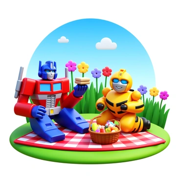 "Optimus Prime" is sitting on a picnic blanket, his blue and red armor gleaming in the sunlight. "Bumblebee" is next to him, his yellow body bright against the green grass. They are both holding sandwiches, with a small picnic basket filled with fruits and drinks nearby. In the background, there are colorful flowers blooming in the meadow, and a clear blue sky overhead dotted with a few fluffy clouds. Both Transformers have wide smiles on their faces, clearly enjoying a moment of camaraderie.