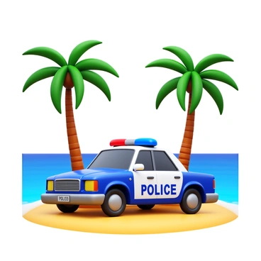 A 3D police car with blue and red lights on the roof is parked on a deserted island. The car is well-detailed, featuring police markings and a shiny metallic finish. Surrounding the car are tall palm trees with lush green fronds swaying gently in the breeze. The sandy beach is visible beneath the car, and the ocean can be seen in the background, with gentle waves lapping at the shore. The sky is clear and bright, enhancing the tropical setting of the scene.