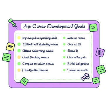 A note board is prominently displayed, filled with a list of career development goals. The goals are written in clear, legible handwriting and organized into sections. Each section is separated by green and purple lines, with bullet points highlighting individual goals. Some goals include "improve public speaking skills," "attend networking events," and "complete a certification course." Colorful sticky notes are scattered around the edges of the board, providing reminders and motivational quotes. A pair of pushpins are used to secure the goals to the board, adding a touch of detail to the presentation.