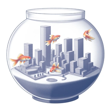 A round fishbowl containing a miniature cityscape filled with detailed buildings. The city features small skyscrapers with windows and balconies, a tiny park with miniature trees, and narrow streets winding between the structures. Inside the bowl, several goldfish swim gracefully around the city, their fins flowing as they navigate through the delicate architecture. The water is clear, showcasing the vibrant little scene beneath the surface.