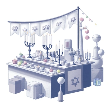 A market stall filled with various items related to Jewish festivals. The stall is adorned with several "menorahs" of different sizes, showcasing intricate designs and patterns. Nearby, a collection of "dreidels" is displayed, featuring various shapes and decorative elements. The background includes colorful banners and festive decorations, giving the stall a lively atmosphere. Various small items, such as "Shabbat candles" and "Hannukah gelt," are scattered across the stall, enhancing the diversity of the offerings. The overall scene conveys a sense of celebration and cultural significance.