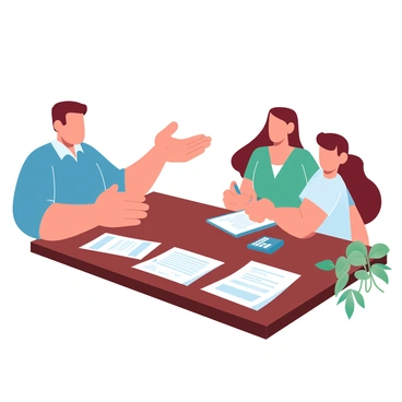 A family of four is gathered around a wooden dining table. The father, wearing a blue shirt, is gesturing towards a stack of papers. The mother, dressed in a green blouse, is taking notes on a notepad while looking at the father. Two children, a boy and a girl, are sitting next to each other, paying attention to the discussion. In front of them lies an FDIC-insured bank statement, clearly visible, along with a calculator and a few additional documents. A small plant is placed on the corner of the table, adding a touch of life to the scene.