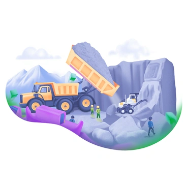 A large truck with a bright yellow cab is positioned at a busy quarry site, its hydraulic bed raised high as it loads a massive pile of gray rocks. Surrounding the truck, several workers in safety helmets direct the operation, while a heavy excavator is seen digging into a rock formation nearby. Dust clouds rise from the ground, and piles of rough, uneven stones are scattered across the site. In the background, a rugged mountain landscape provides a stark contrast to the activity in the foreground, highlighting the scale of the quarry.