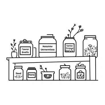 A wooden shelf stands against a wall, showcasing an array of jars filled with various herbal teas. Each jar is distinctly labeled, displaying its unique name and associated benefits in clear, legible text. The jars vary in shape and size, some are cylindrical while others are square. The wooden shelf has a rustic appearance, with visible grain and slight imperfections, adding character to the scene. The jars are filled with dried herbs, leaves, and flowers, hinting at their natural origins. A few jars have herbal sprigs peeking out, providing additional texture and interest to the composition.