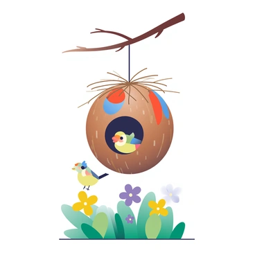 A creative birdhouse made from a hollowed-out coconut hanging in a garden