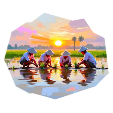 A group of farmers is planting rice seedlings in a flooded field, surrounded by the shimmering water reflecting the colors of the sunrise. The farmers are wearing traditional clothing, with hats to shield themselves from the sun. Each farmer is bent over, carefully placing seedlings into the muddy soil underfoot. In the background, the sky is filled with hues of orange, pink, and yellow as the sun rises, casting a warm glow over the scene. Lush green rice paddies stretch into the distance, and a few palm trees can be seen framing the horizon, enhancing the tranquil rural setting.