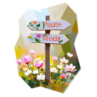 A wooden garden signpost stands tall in a lush garden, adorned with hand-painted letters that display various botanical designs. Each letter is unique, featuring intricate patterns of leaves, flowers, and vines, showcasing a range of colors from vibrant greens to soft pastels. The signpost points in multiple directions, with arrows indicating paths that lead deeper into the garden. Surrounding the signpost are blooming flowers and foliage, adding to the inviting atmosphere of the garden.