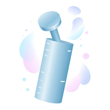 A metal piston is positioned inside a vertical cylinder, partially extending above the cylinder’s top. The piston is shiny and smooth, reflecting light. The cylinder has clear circular markings to indicate measurements. Surrounding the piston, there are swirling gas particles illustrated in gradient pastel colors to represent the gas being compressed and released. The background features a subtle gradient transitioning from soft blue at the top to light pink at the bottom, enhancing the focus on the piston and cylinder.