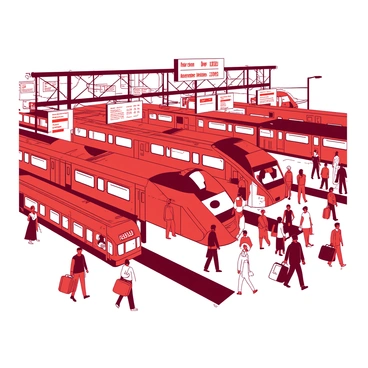 A red transportation hub filled with various types of trains, buses, and people in constant motion. Numerous travelers are moving about, some waiting on the platform while others walk briskly towards their destinations. The trains are sleek and modern, their windows reflecting light, while the buses are brightly colored, parked at designated stops. People of different ages and backgrounds carry luggage, chatting, and looking at schedules, creating a lively atmosphere. Signs are hanging overhead, displaying routes and schedules in both red and white hues.