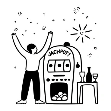 A couple standing side by side in front of a vintage slot machine, with their arms raised in celebration. The slot machine displays the words "Jackpot!" prominently on the screen. Coins are spilling out from the bottom of the machine, creating a small pile at their feet. The couple is surrounded by sparkling stars and bursting fireworks, emphasizing the excitement of their win. A small table next to them has a few champagne glasses and a bottle, hinting at a celebration.