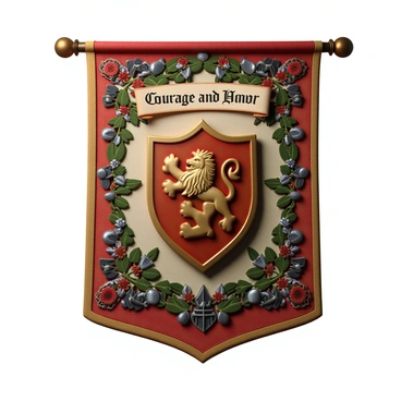 A medieval-themed banner design displayed on a half-sized illustration board. The banner features a rich tapestry of colors, prominently displaying a "shield" with a "lion" emblem at its center. Surrounding the shield are intricate "vines" and "floral patterns" that create a decorative border. Above the shield, there is a "scroll" with the words "Courage and Honor" written in elegant script. The background of the banner is adorned with "heraldic motifs" and "knights' armor" elements, enhancing the medieval theme. The illustration board has a textured surface that adds depth to the vibrant colors and detailed designs.