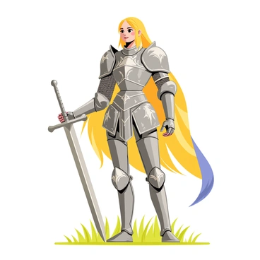Priscilla stands confidently in full armor, the metal glinting in the sunlight. Her armor is intricately designed with elaborate engravings and a polished finish. She holds a sword with a shiny blade, reflecting bright rays of light. Priscilla's long hair flows behind her, contrasting with the cool steel of her armor. The background is filled with hints of a grassy battlefield, suggesting she is prepared for an imminent battle.