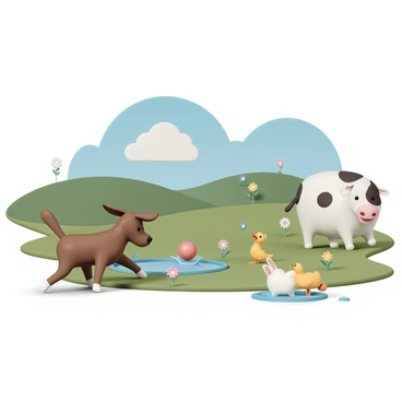 A whimsical illustration of cartoon animals playing over a scenic countryside photo.