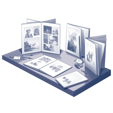 A wooden artist's desk filled with various open illustration portfolios. Each portfolio displays a collection of detailed black and white artwork and sketches, featuring intricate designs and imaginative scenes. Scattered around the desk are pencils, erasers, and brushes, indicating a creative process in action. The desk may have a few unfinished sketches lying nearby, hinting at ongoing projects. Natural light from a nearby window casts soft shadows across the surface, adding depth to the scene.