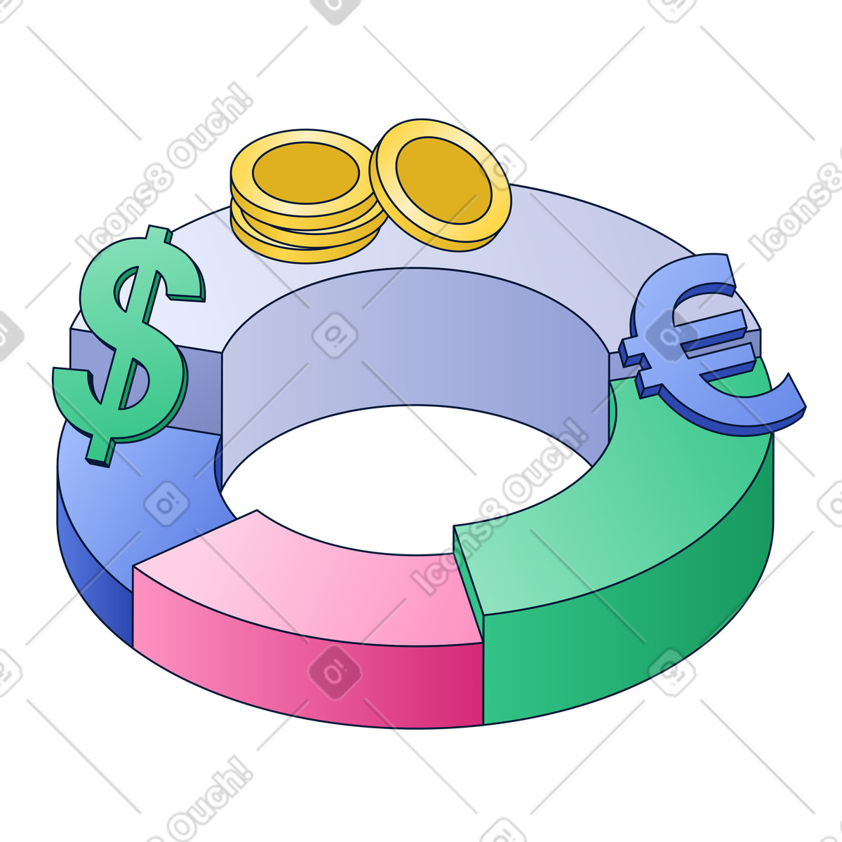 Ilustración Gráfico circular con monedas y símbolos monetarios en estilo Neat a descargar en PNG SVG