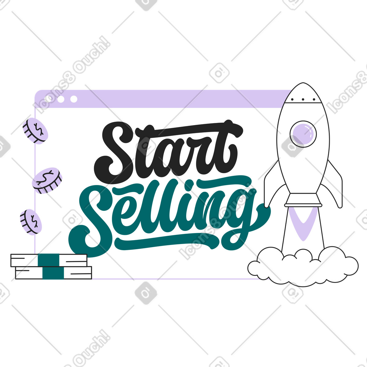 Ilustración Lettering start selling en pantalla con dinero y cohete estilo Sammy Line a descargar PNG SVG