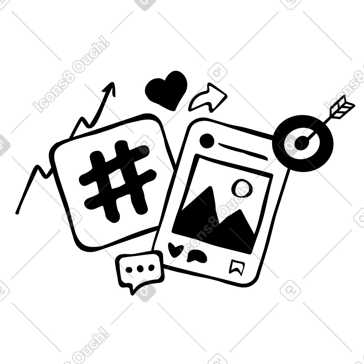Hashtag e post sui social media illustrazione in stile Journal scarica in PNG, SVG