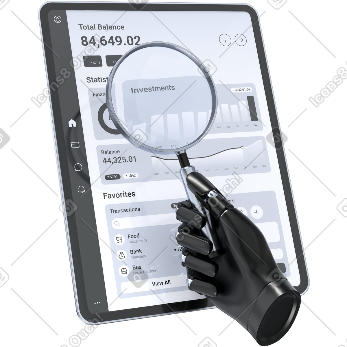 Robotic Hand Using Tablet with Magnifier, Financial Data Analysis, Business Intelligence Insights illustration in 3D Pro style download in PNG, SVG