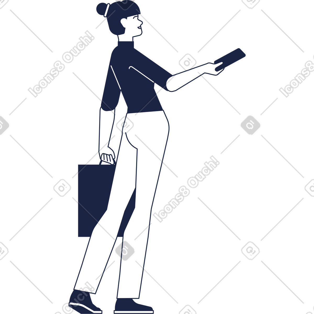 Illustration Femme avec sac et smartphone vue de dos dans le style Urban Line à télécharger aux formats PNG, SVG