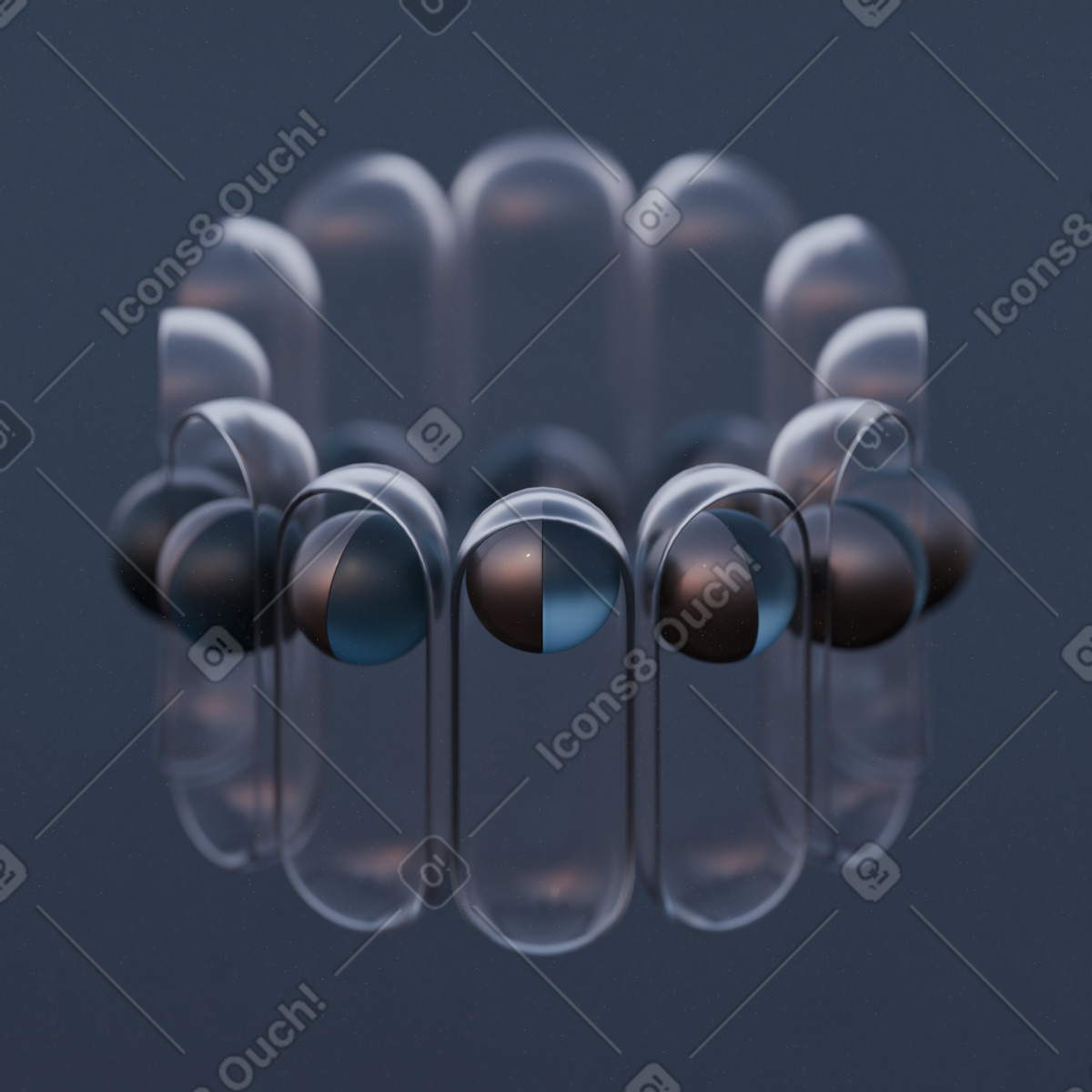 Ilustração animada de Formas circulares vidro com esferas, processamento e inovação em no estilo 3D Luxe para baixar em GIF, Lottie (JSON), AE