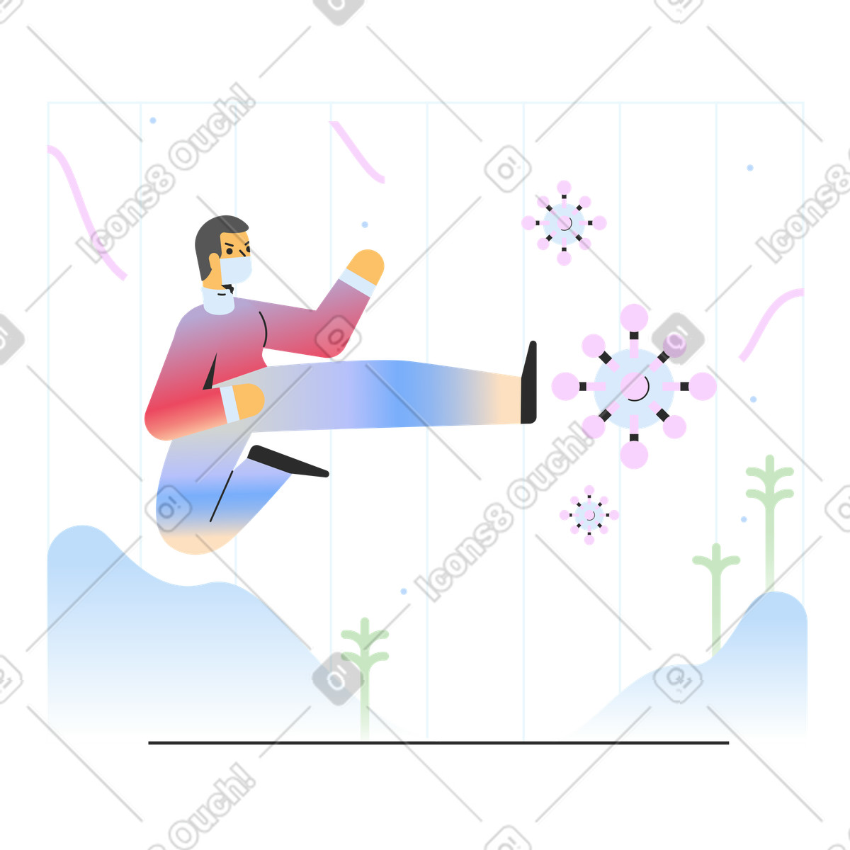 Marginalia スタイルの Patient with face mask kicking viruses, Pandemic protection and personal defense のイラストをPNG、SVG形式でダウンロード