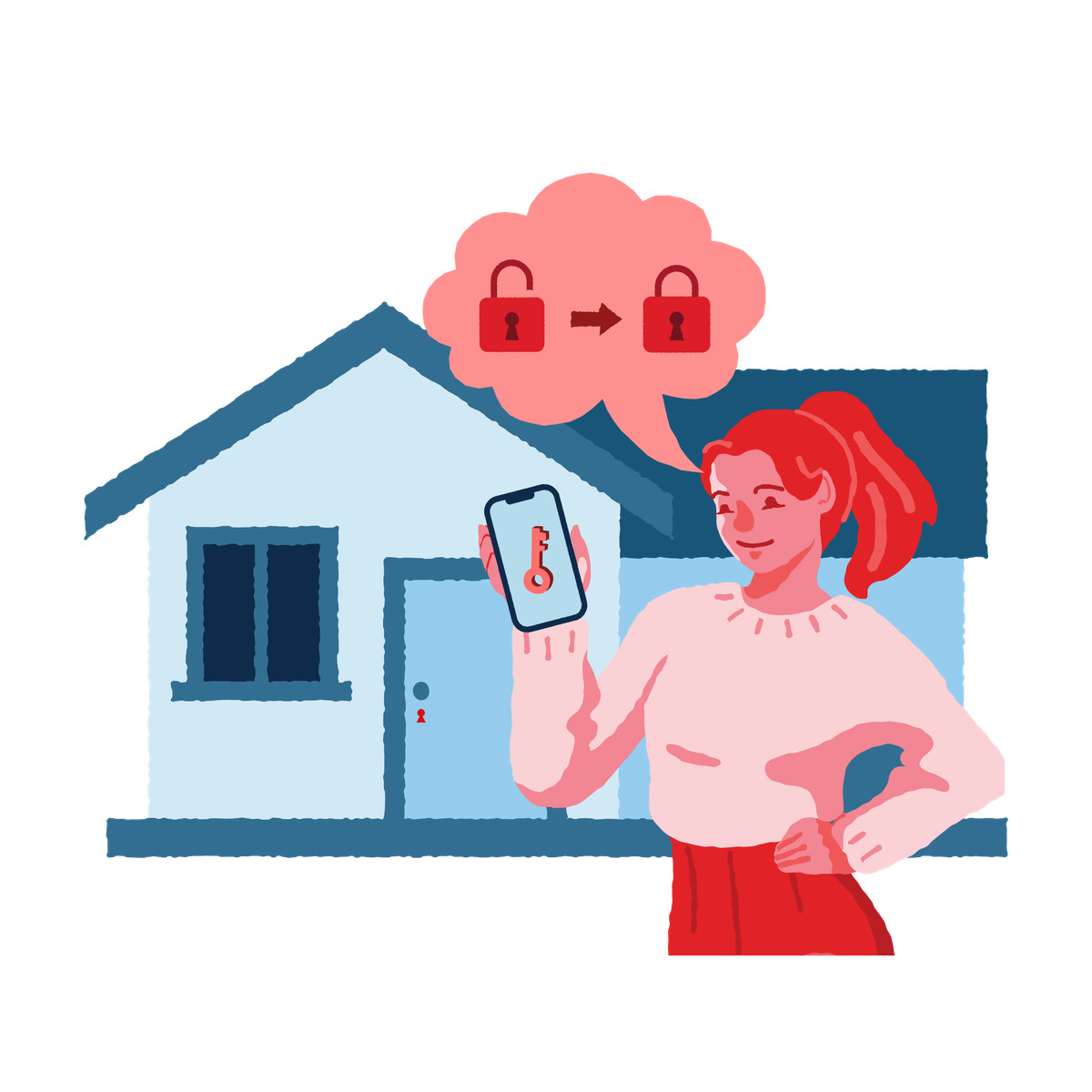 下载 Cherry 风格的 Woman unlocking her smart home with a phone 插画，支持 PNG、SVG 格式