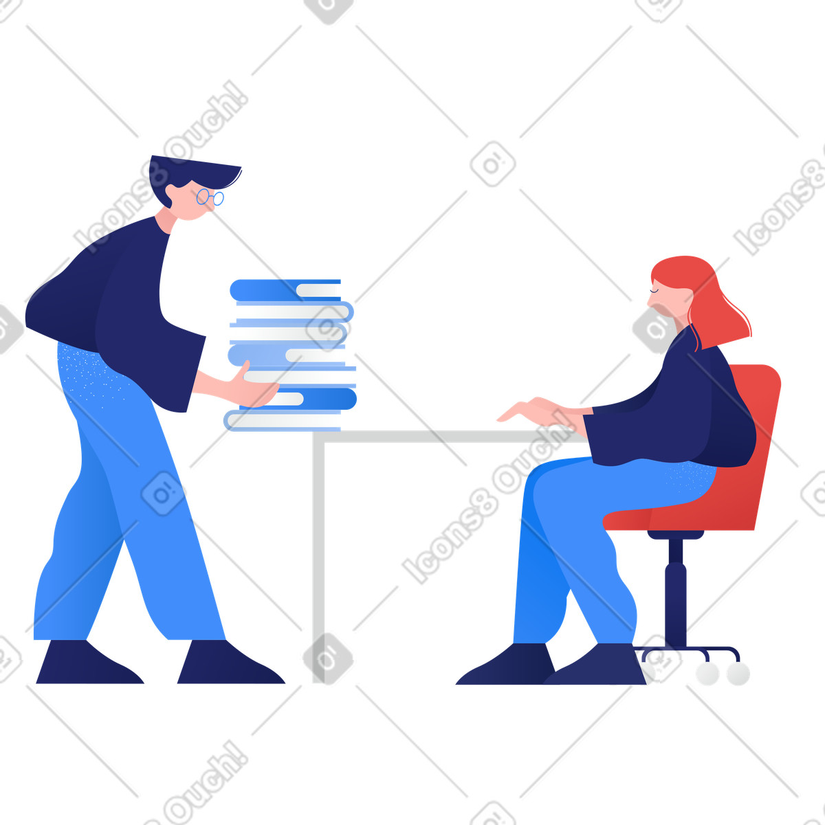 Office worker passing documents to team member, administrative task delegation illustration in Clip style download in PNG, SVG
