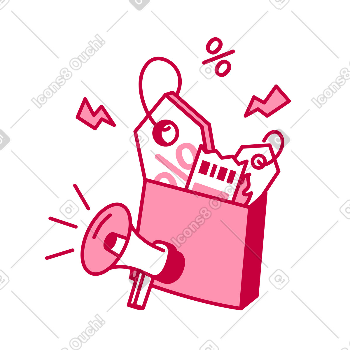 Illustration Mégaphone et sac de courses avec étiquettes réduction dans le style Natty à télécharger aux formats PNG, SVG