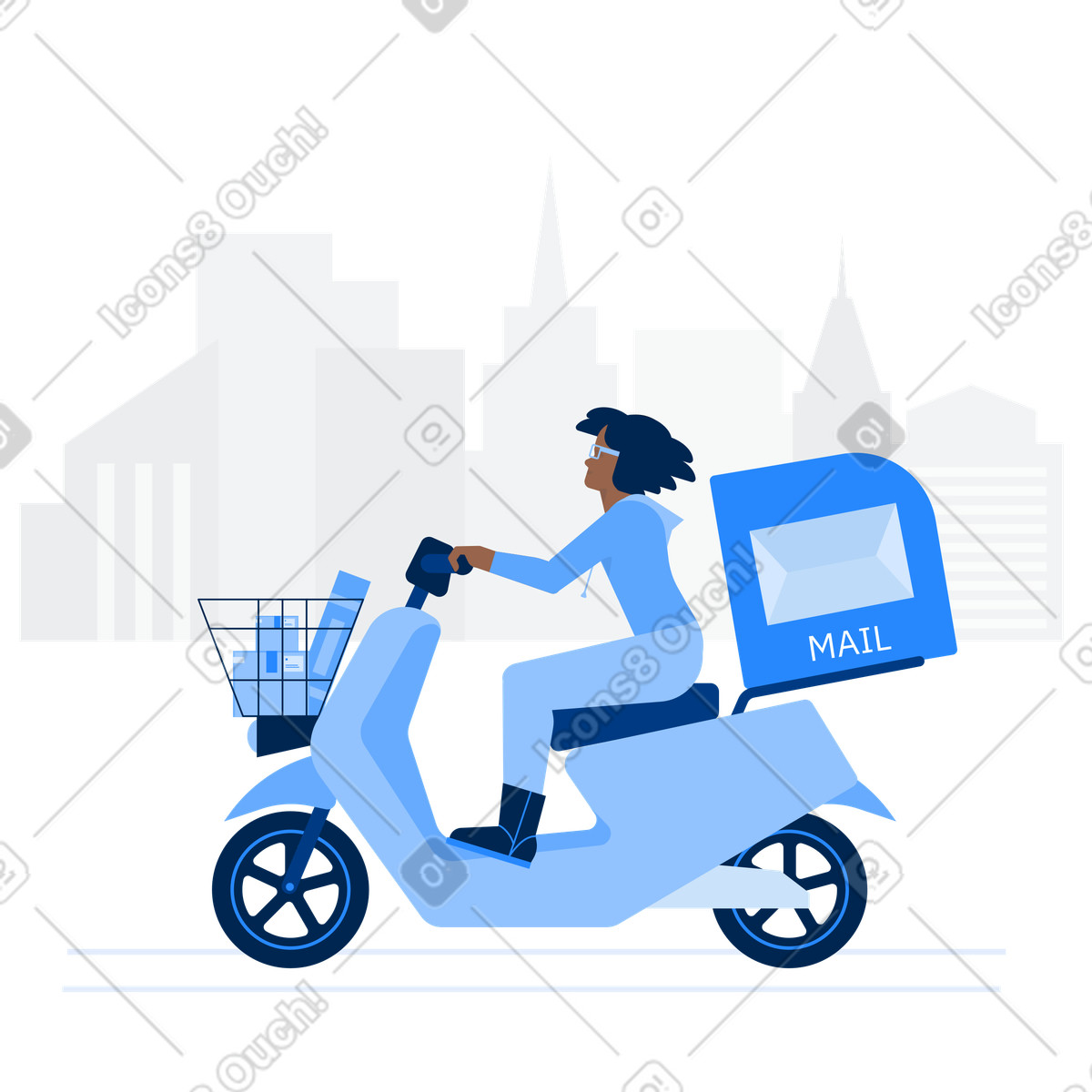 Illustration Moped courier transporting letters, Express mail delivery service or urban postal logistics dans le style à télécharger aux formats PNG, SVG