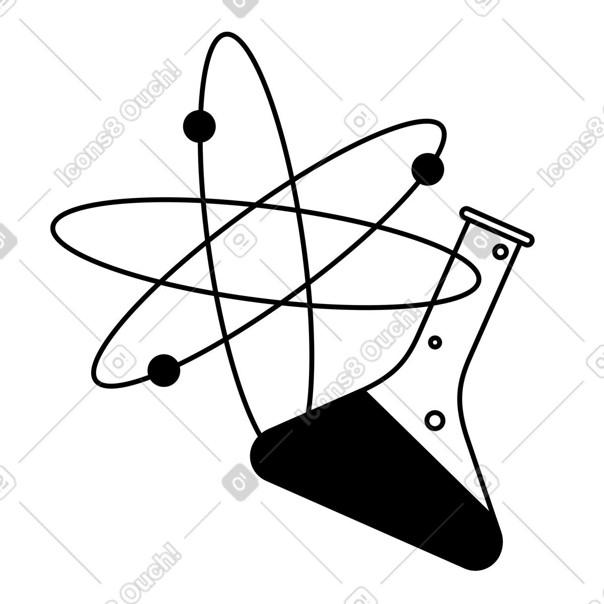 Notion Line Art 스타일의 Chemistry flask with atomic orbitals symbolizing scientific laboratory research 일러스트레이션 PNG, SVG 다운로드