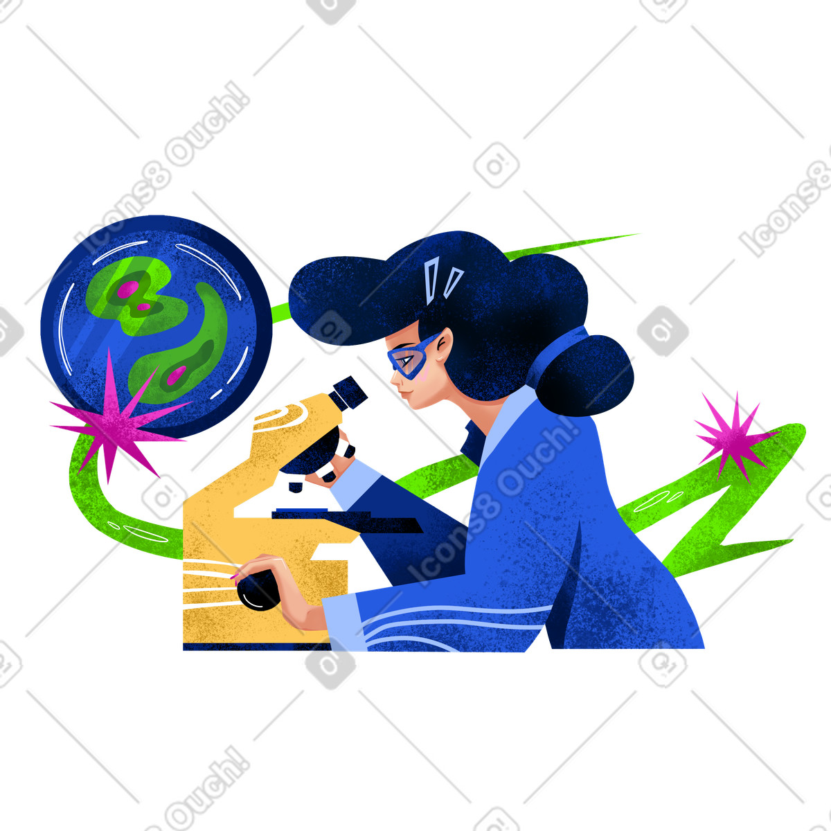 Illustration Woman scientist with microscope studying molecules dans le style Flare à télécharger aux formats PNG, SVG