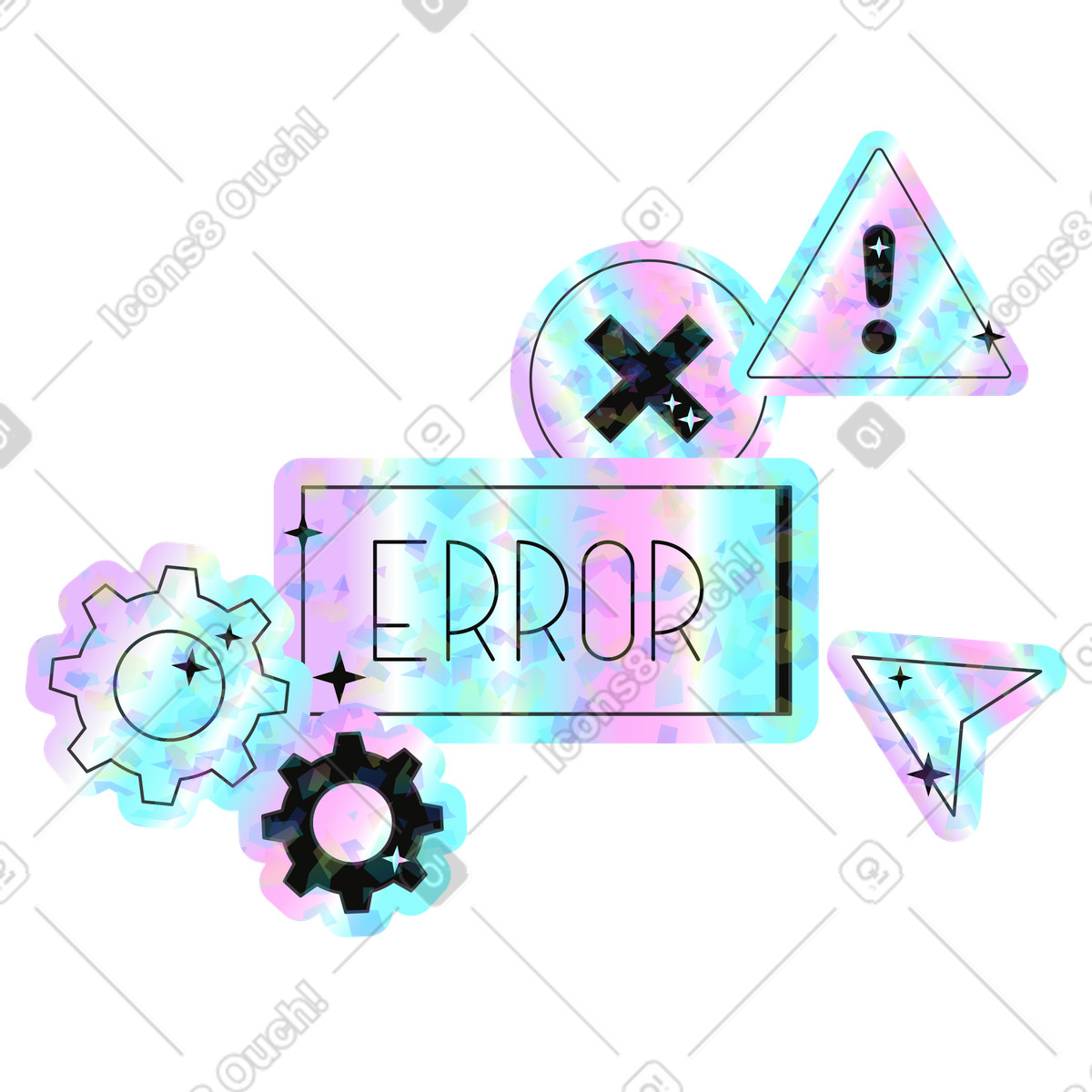 Lettering Error with warning sign illustration in Holostickers style download in PNG, SVG