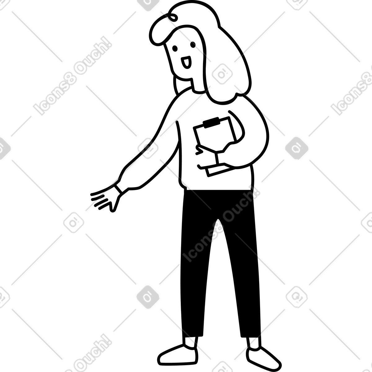 Character holding clipboard extending hand for greeting or introduction-Illustration im Notion Line Art-Stil als Download in PNG, SVG
