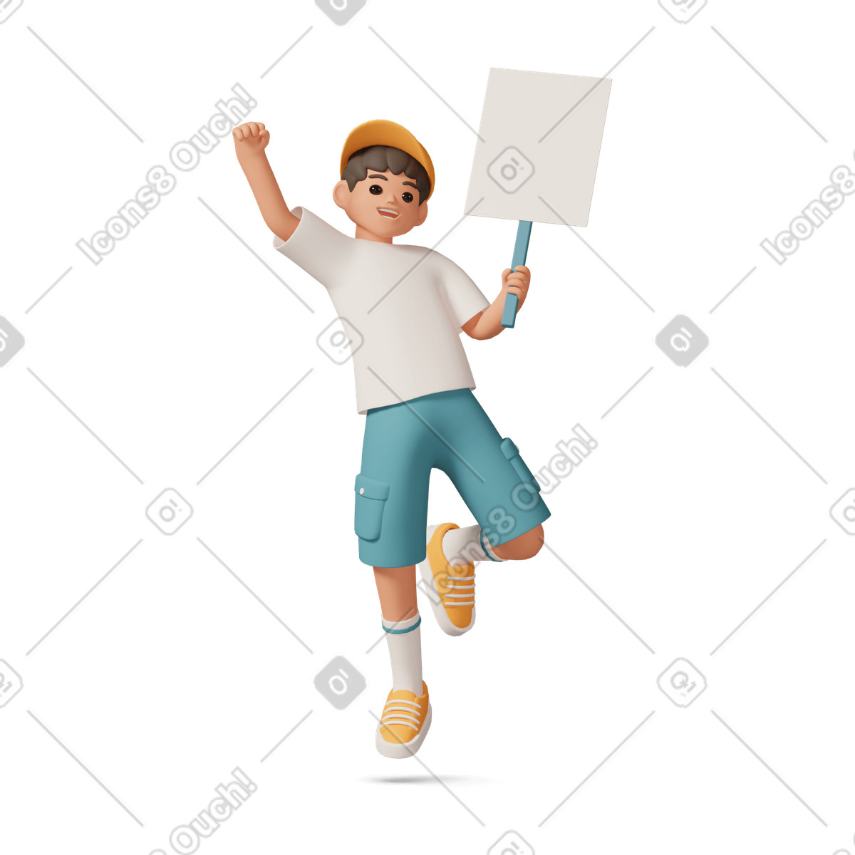 下载 3D Casual life 风格的 Boy jumping with empty sign 插画，支持 PNG、SVG 格式