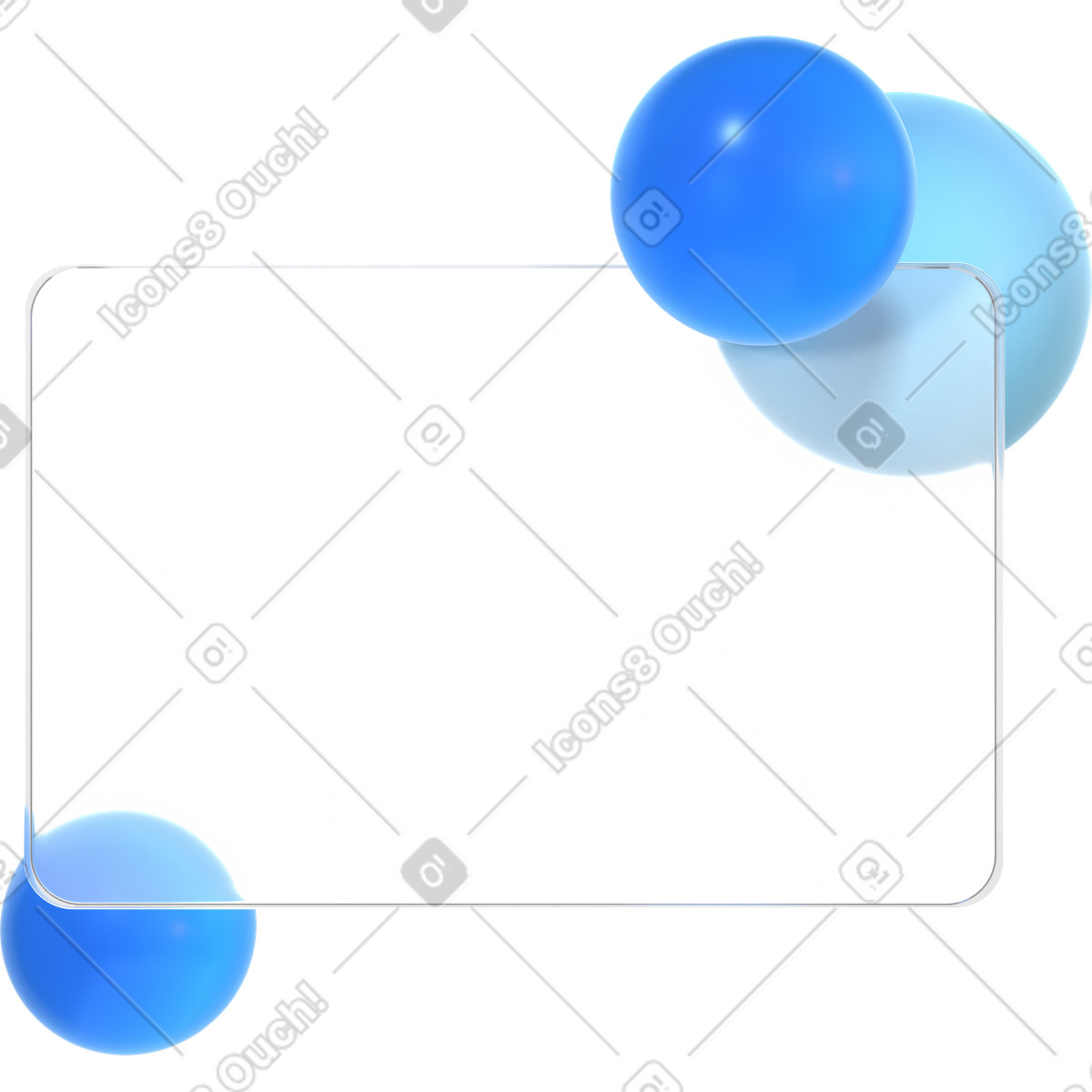 Transparent card and three spheres illustration in 3D Glassy style download in PNG, SVG