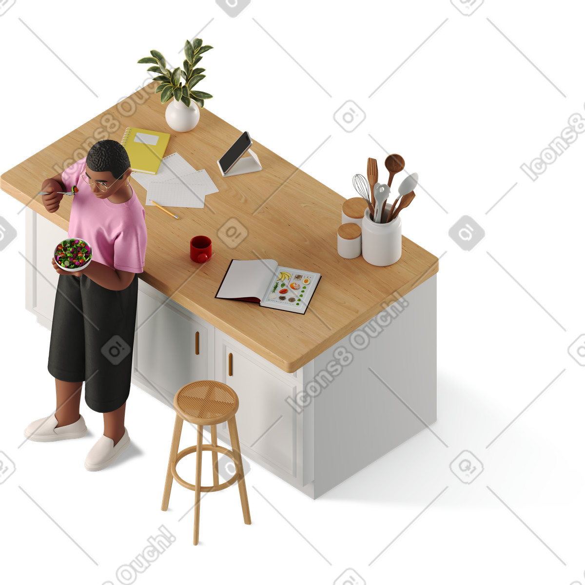 Woman eating in front of kitchen table illustration 3D Business style download PNG, SVG