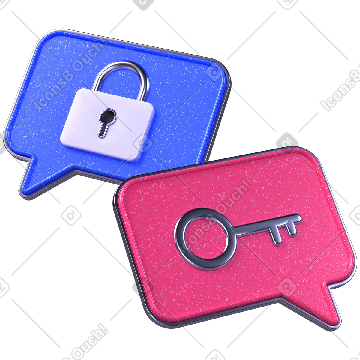 Ilustración Bloqueo y llave en burbujas de chat, privacidad digital mensajería segura estilo 3D Boost a descargar PNG SVG