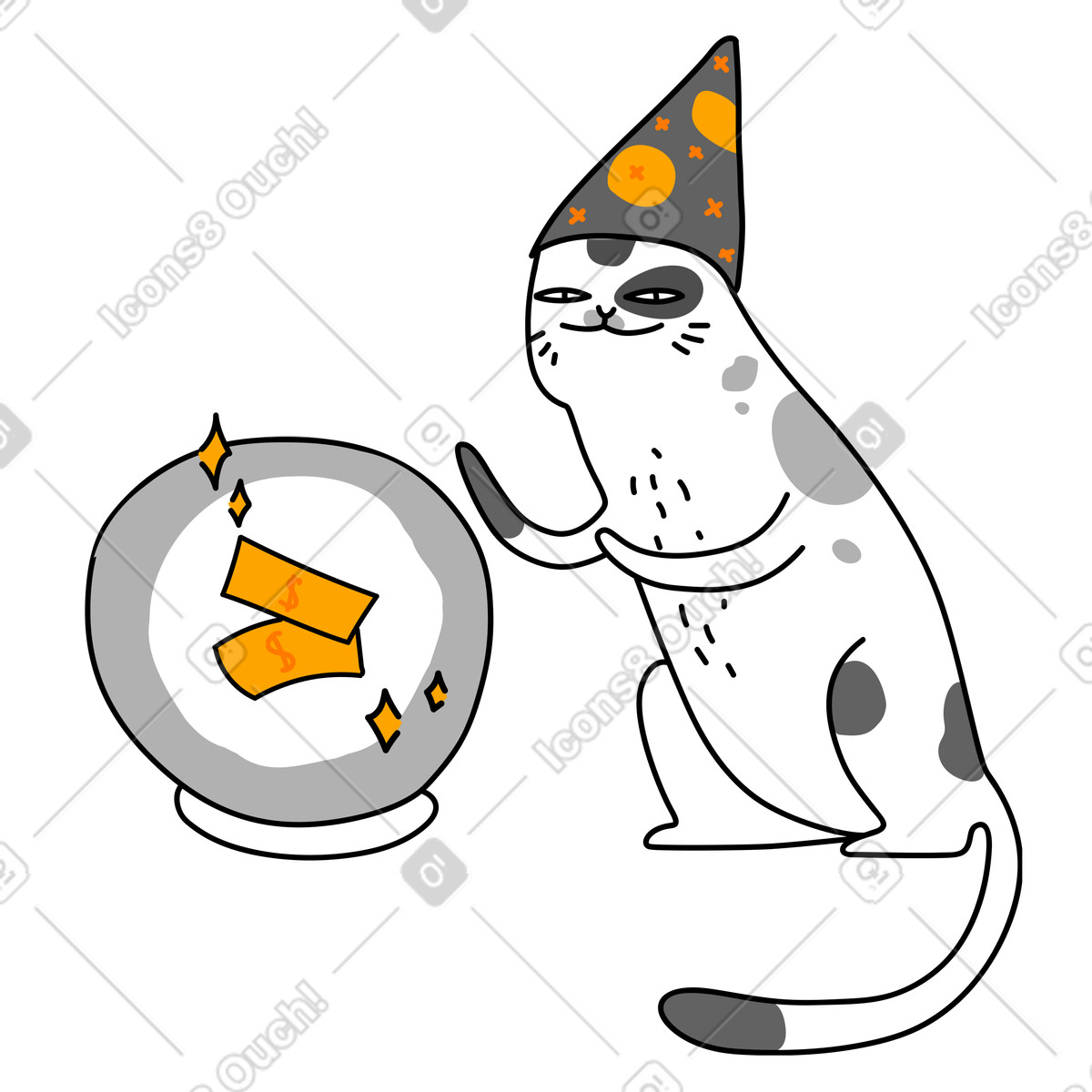 Purr スタイルの 帽子をかぶった猫が水晶玉で未来を予言する のイラストをPNG、SVG形式でダウンロード