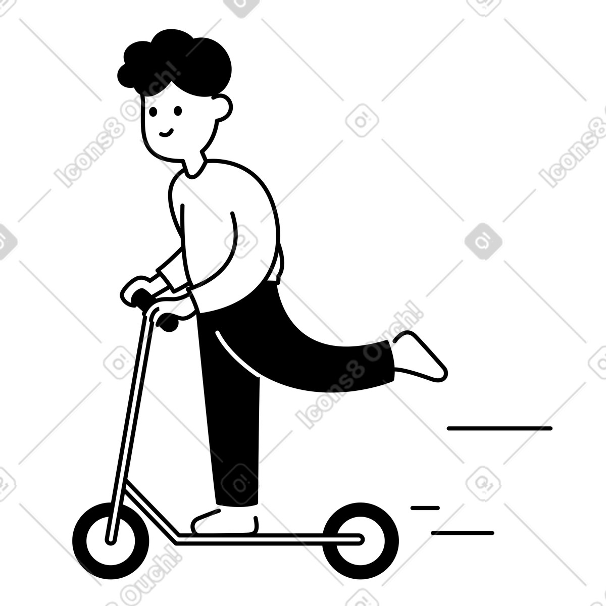 Scooter rider pushing off with one leg and smiling face-Illustration im Notion Line Art-Stil als Download in PNG, SVG
