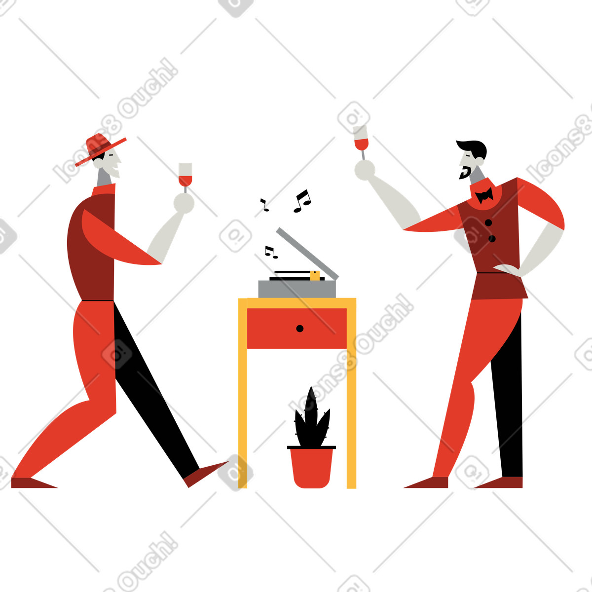 Ilustración Hombres tomando bebidas y escuchando un tocadiscos en estilo Burgundy a descargar en PNG SVG