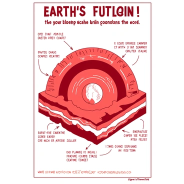 A red scientific poster displays a detailed diagram illustrating Earth's layers. At the center, there is a large cross-section of the Earth, showcasing the crust, mantle, outer core, and inner core, each with distinct textures. The crust is depicted in a rugged manner, while the mantle shows swirling patterns. The outer core is illustrated with wavy lines to represent liquid movement, and the inner core appears as a solid sphere. Surrounding the diagram are clear, neatly written labels identifying each layer. Annotations highlight key features, such as temperature gradients and compositional differences, with arrows pointing to the respective layers. The overall layout is organized, providing a comprehensive overview of Earth's structure.