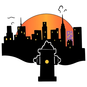 A fire hydrant silhouetted against a sprawling cityscape during dusk. The city skyline is filled with various buildings, including tall skyscrapers and smaller structures. The sky is transitioning from bright orange to deep purple as the sun sets. The fire hydrant is prominently in the foreground, with its distinct shape and details highlighted by the glow of the city lights in the background.