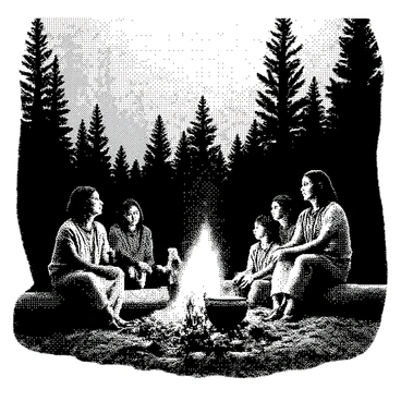 A Native American family is gathered around a campfire at dusk. The adults are sitting on logs, while children are playfully moving around them. Their clothing reflects traditional patterns and textures, with intricate beadwork visible on some garments. The campfire is crackling, with bright flames illuminating their faces in the fading light. A few pots and simple tools are placed around the campfire, suggesting preparations for a meal. The setting features silhouettes of tall trees in the background, indicating a forested area. The atmosphere conveys a moment of rest during their journey.